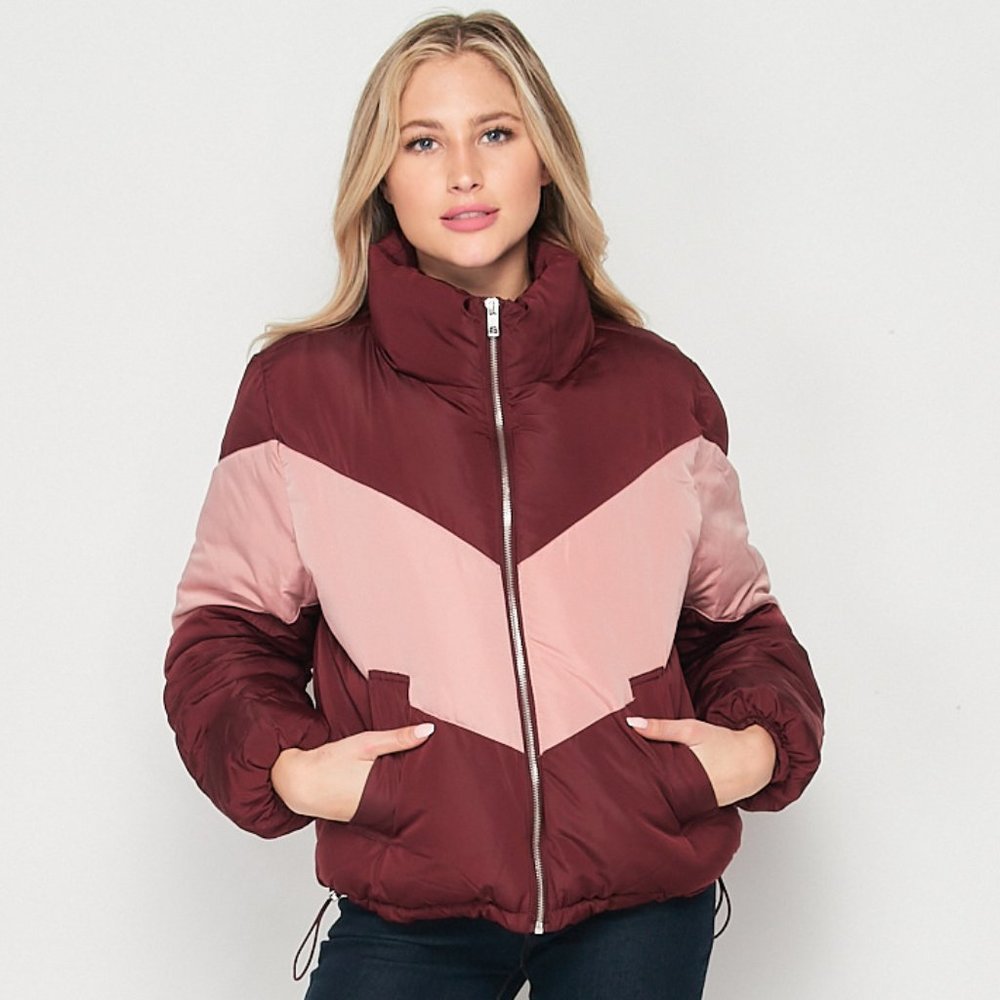 Love Tree Cropped Nylon Puffer Jacket Burgundy Pnk
